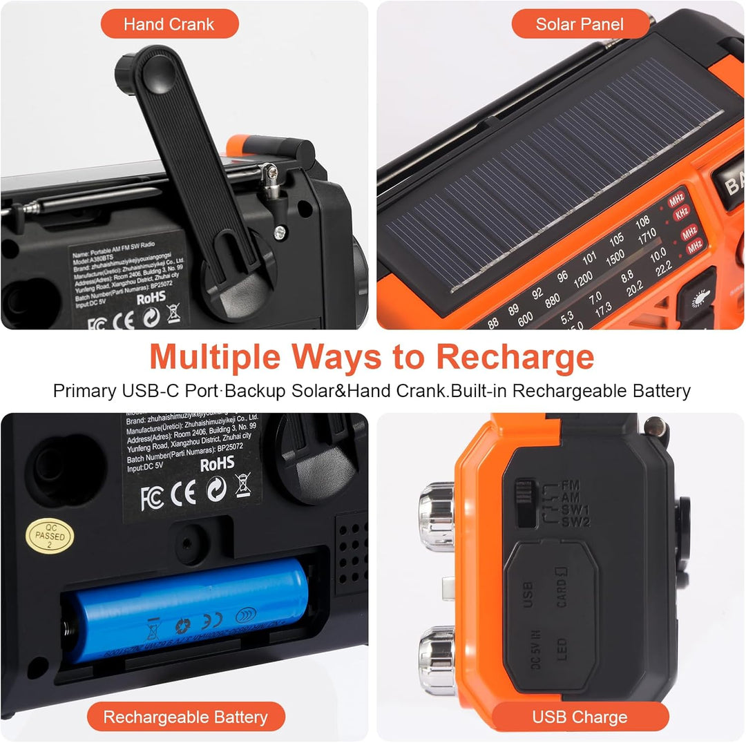 Kurbelradio Notfallradio mit 2600mAh Powerbank, Solar & USB-C Ladung, AM/FM/SW Weltempfänger, LED-Ta