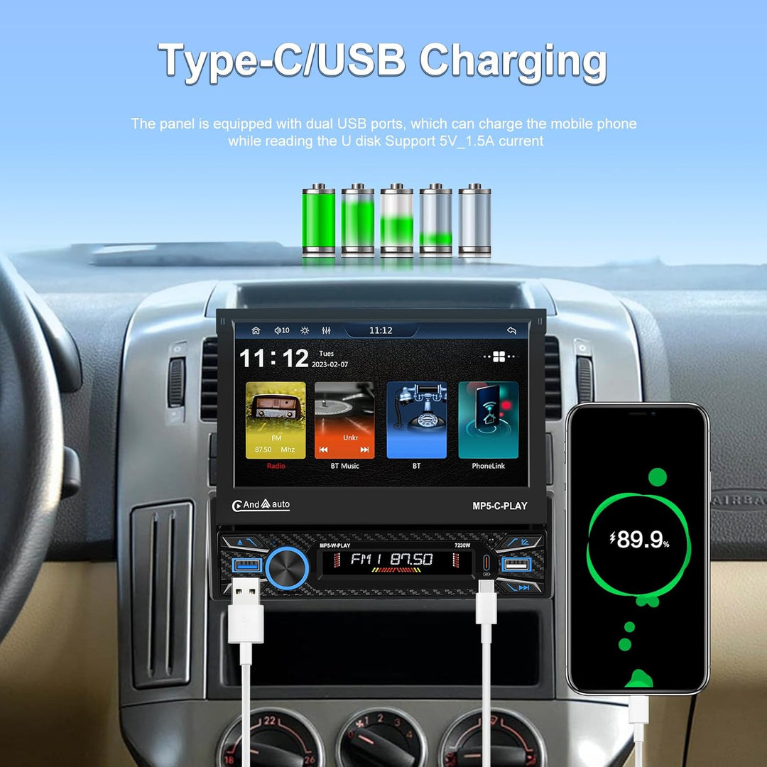 Hikity 1 Din Autoradio Wireless Carplay, 7 Zoll Bildschirm Touchscreen Motorisiertes Teleskop Displa