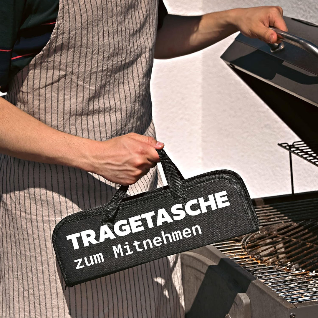 Praknu 𝗘𝘀𝘀𝗲𝗻𝘁𝗶𝗲𝗹𝗹𝗲𝘀 Grillbesteck Set aus Edelstahl - Hitzebeständig &amp; Rostfrei inkl. praktischer Tra