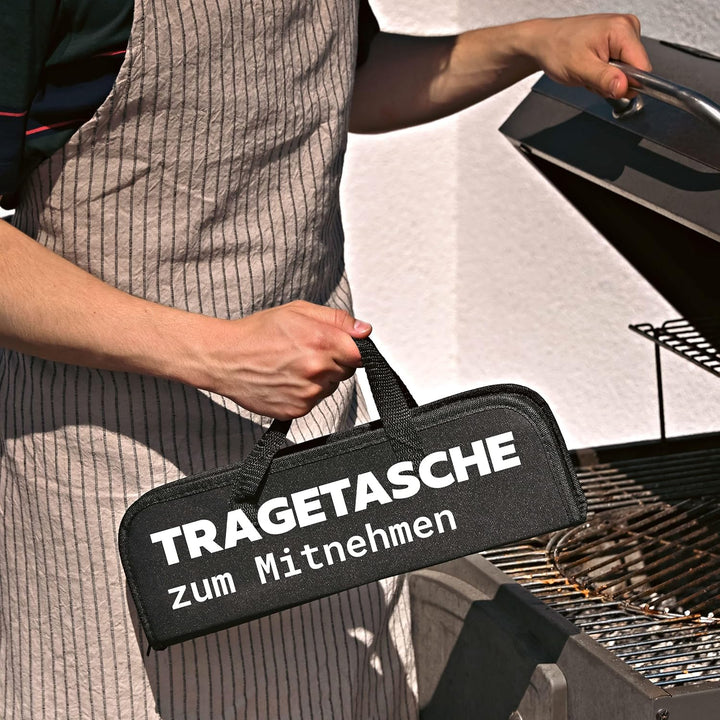 Praknu 𝗘𝘀𝘀𝗲𝗻𝘁𝗶𝗲𝗹𝗹𝗲𝘀 Grillbesteck Set aus Edelstahl - Hitzebeständig &amp; Rostfrei inkl. praktischer Tra