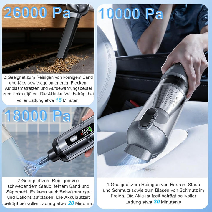 Handstaubsauger, 26000 Pa 4-In-1 Mini Staubsauger Akku Kabellos mit Digitalanzeige 1-Knopf-Selbstent