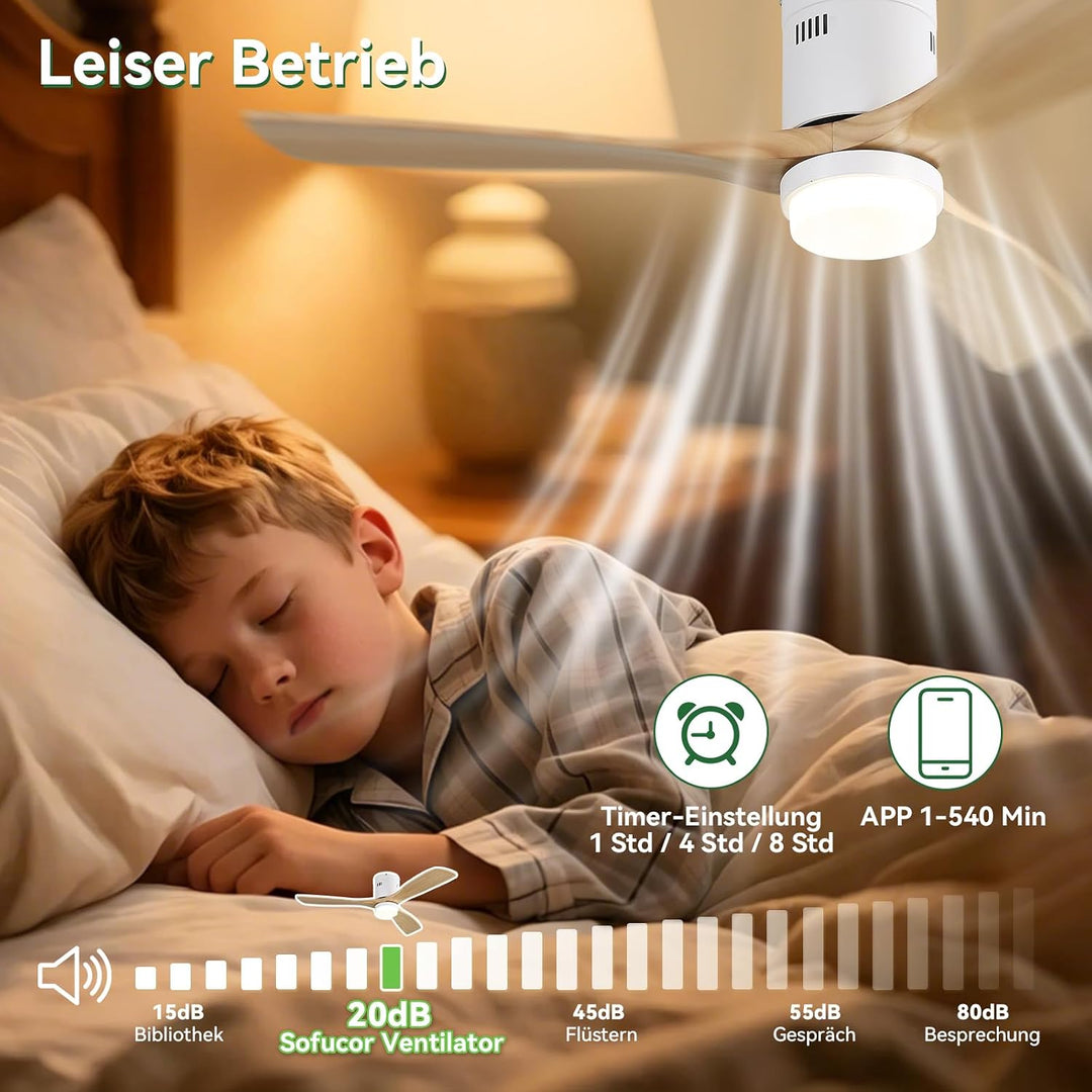 Sofucor 132cm Smart Deckenventilator mit Beleuchtung, Massivholz Deckenventilator mit Licht, Alexa/A