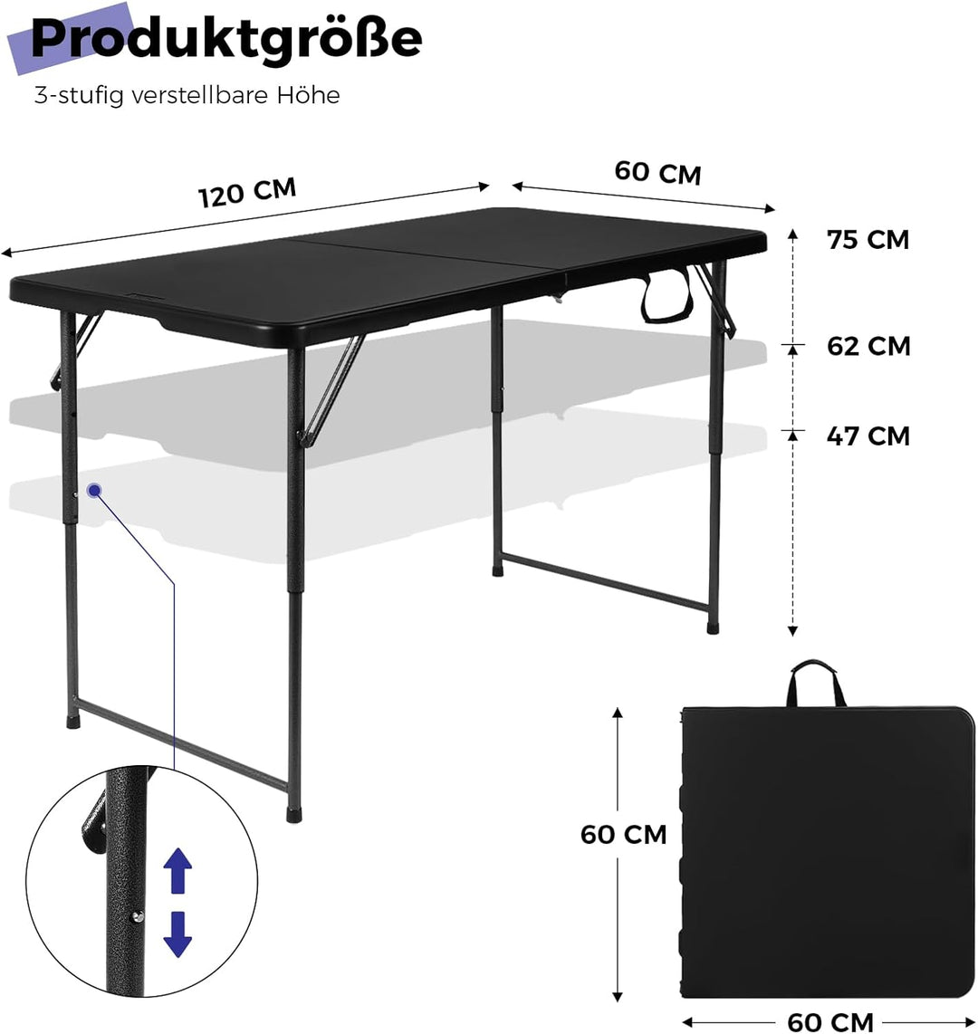 Klapptisch 120 cm tragbar, höhenverstellbar Campingtisch, Gartentisch Esstisch Partytisch klappbar f