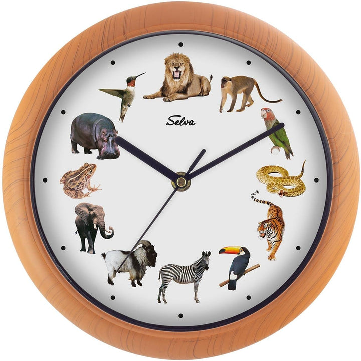 SELVA Tieruhr, Wanduhr, mit Tierlauten zu jeder Stunde und farbenfrohe Illustrationen, Gehäuse aus K