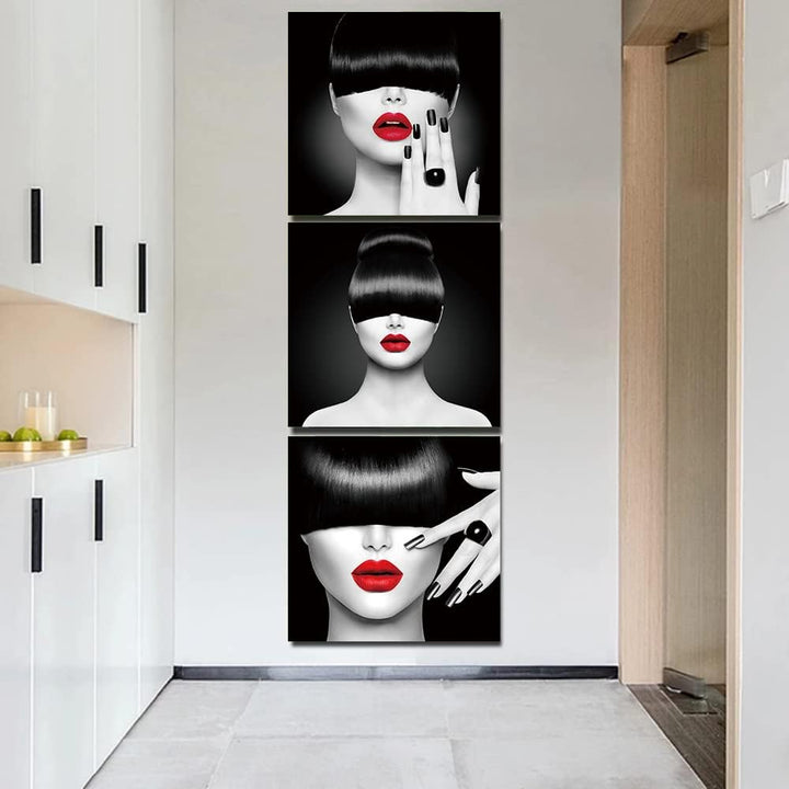 chongjian GemäLde Auf Leinwand Sexy Frau Mit Roten Lippen Poster Und Drucke Schwarz NäGel Nordische