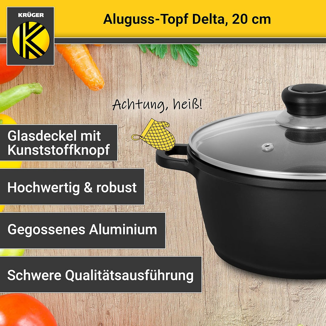 Krüger Aluguss-Topf Delta mit Glasdeckel - 20 cm - Kochtopf für gesunde & fettarme Speisen - geeigne