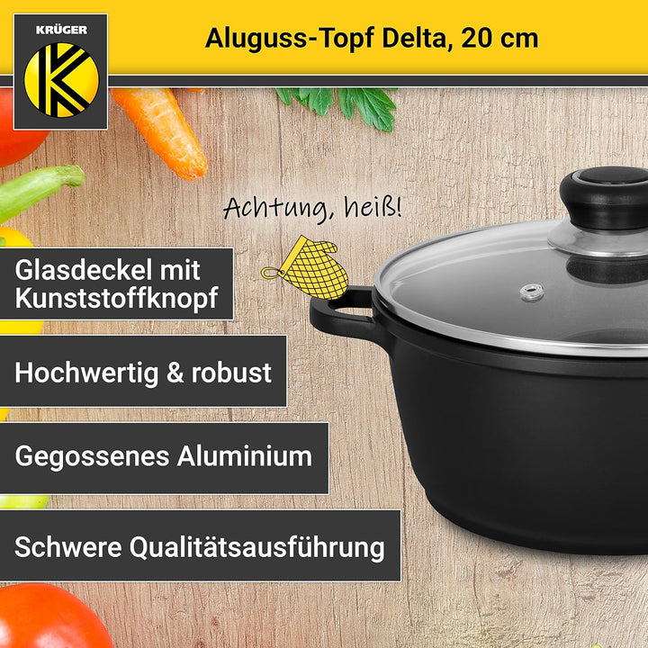 Krüger Aluguss-Topf Delta mit Glasdeckel - 20 cm - Kochtopf für gesunde & fettarme Speisen - geeigne