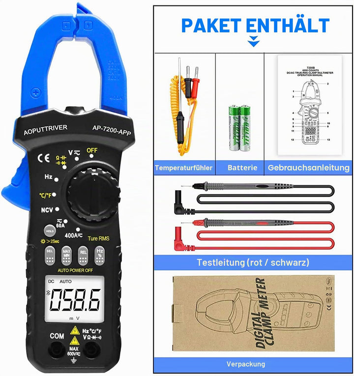 AOPUTTRIVER AP-7200APP Stromzange APP AC/DC ZangenmultimeterTrue-RMS 6000 Counts Messbereich Tester