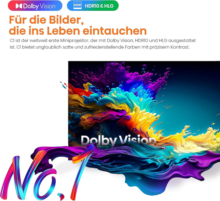 Hisense C1 Smart Mini Projektor 4K UHD Trichroma (65-150 Zoll), Dolby Vision, Dolby Atmos, JBL Lauts