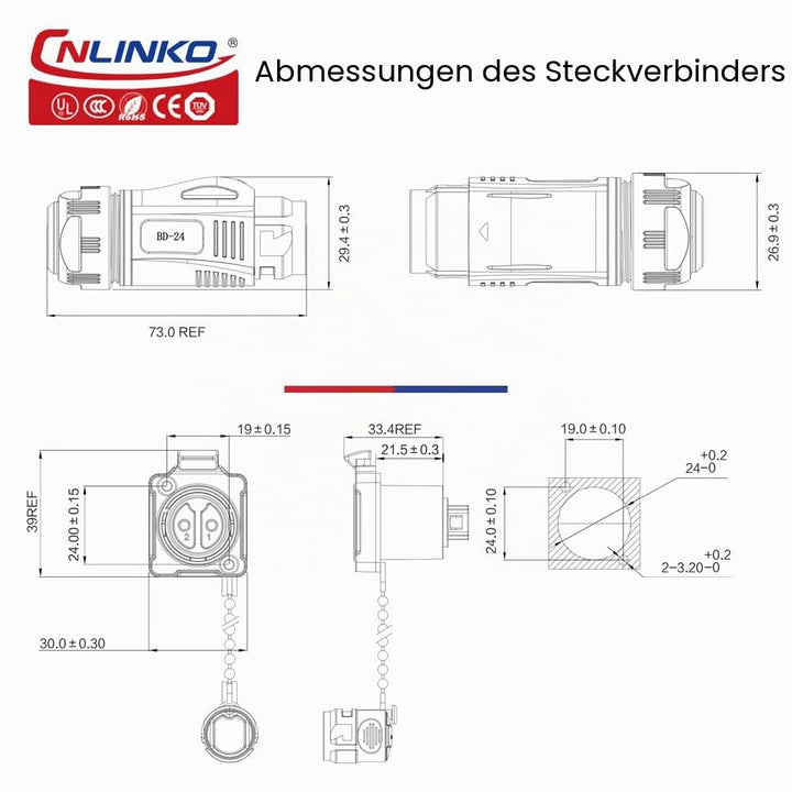 CNLINKO BD-24 Industrieller Wasserdichter Steckverbinder IP67 Rundsteckverbinder Eingebaute Buchse L