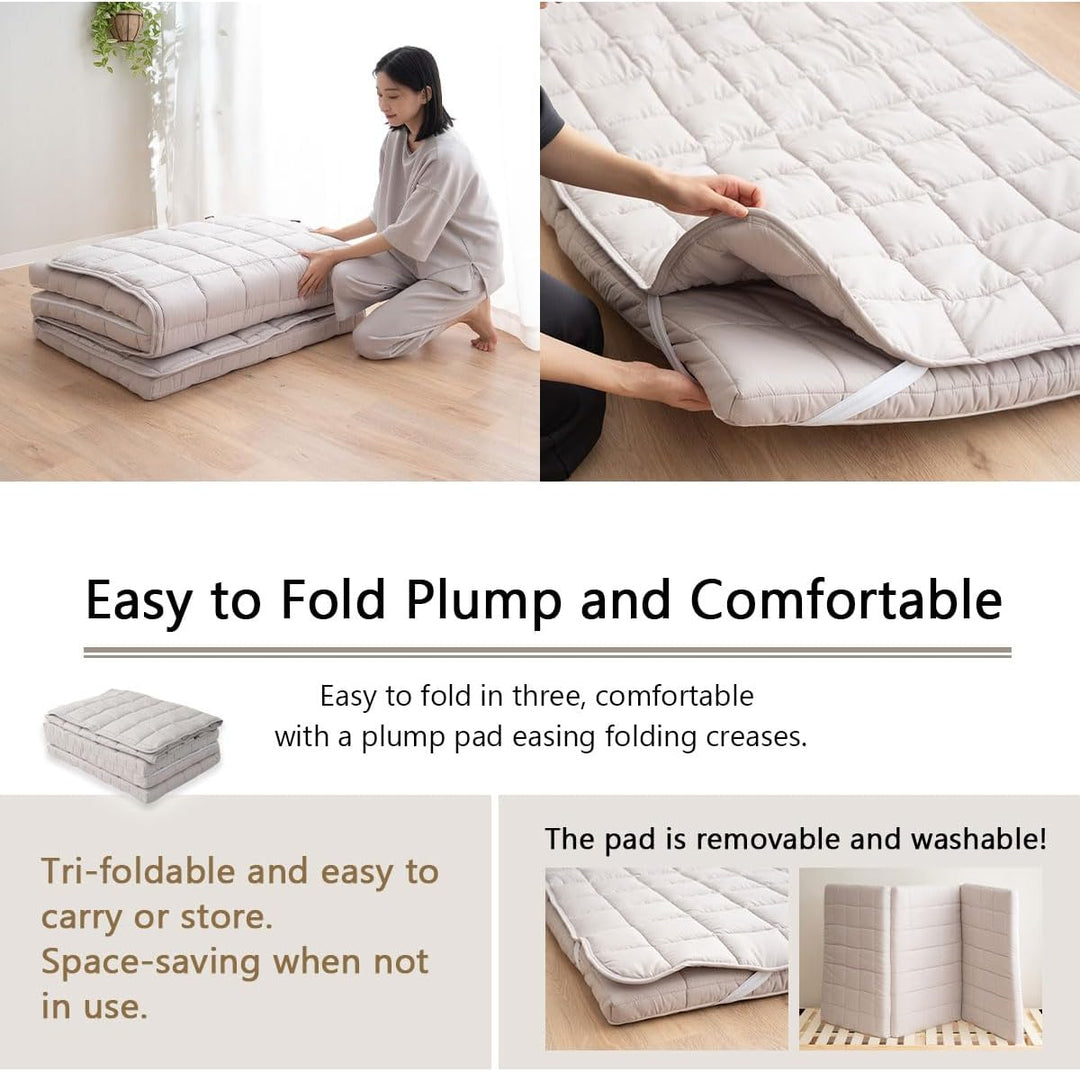 EMOOR Japanische Dreifach Gefaltete Futon-Matratze Machi mit Matratzenauflage 90 x 202 cm Grau, Zwic
