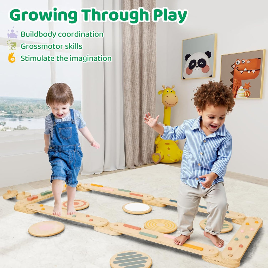 Holz Schwebebalken mit Balanciersteinen Kinder Montessori Balance Board Kleinkind Sensorik Matten Mo