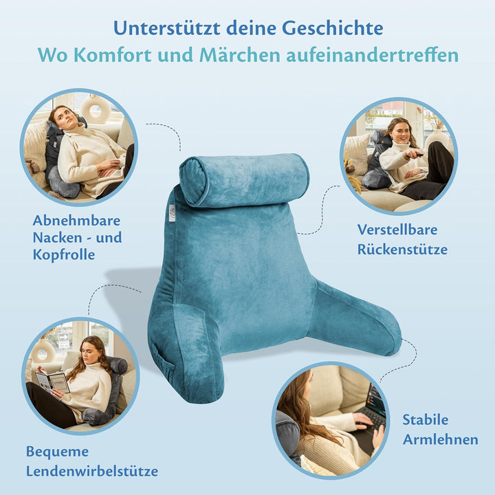 Ella Lesekissen für Bett und Sofa mit Abnehmbarer Nackenrolle - Rückenkissen Bett - Reading Pillow a