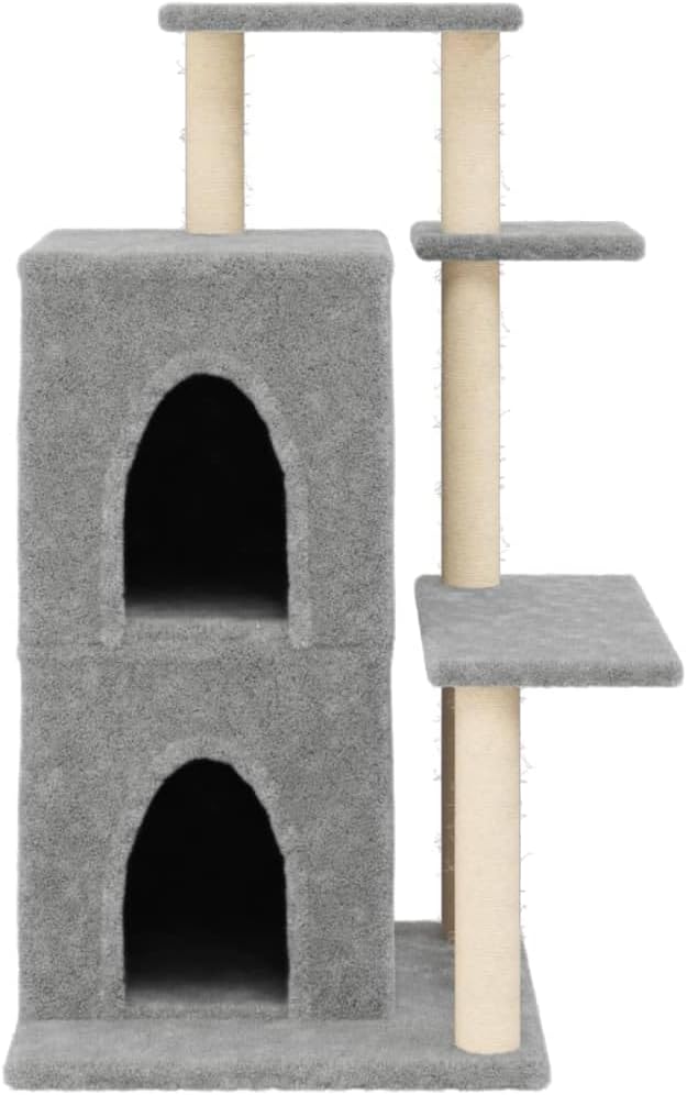 Kratzbaum mit Sisal-Kratzsäulen Hellgrau 97 cm, Stabiler Kletterturm mit Höhle, Hängematte und Liege