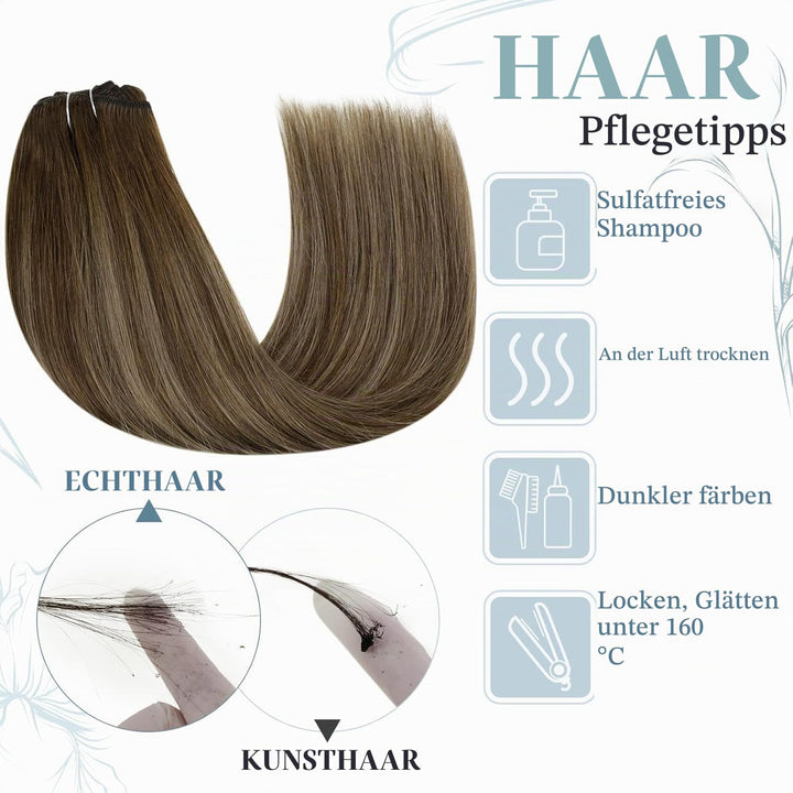 RUNATURE Clip in Extensions Echthaar Balayage Braun 30cm Gerade Echthaar Extensions Clip Braun Ombre