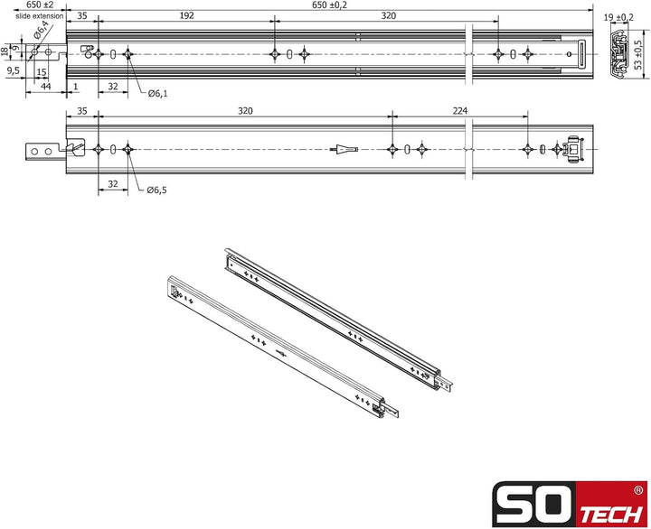1 Paar SOTECH Schwerlastauszüge VarioSlide KV2-100-H53-L650-EH 650 mm mit Lock-in/out Einrastfunktio