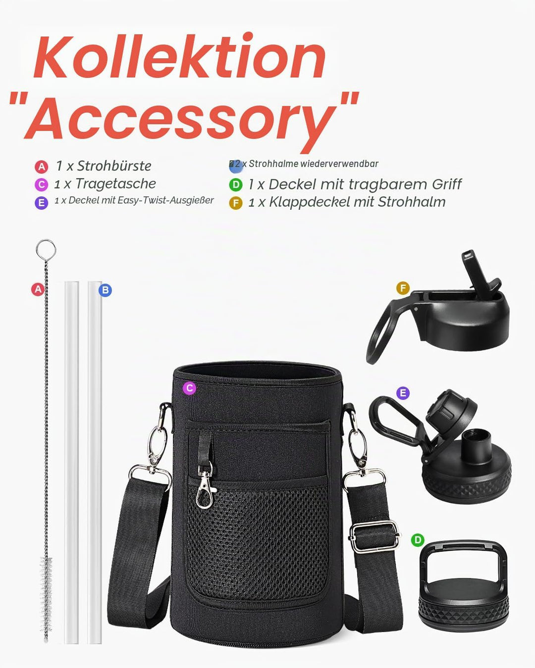 Coolflask Isolierte Wasserflasche mit Strohhalm und 3 Deckeln, 1,8 l Wasserkrug, grosser Metall-Edel