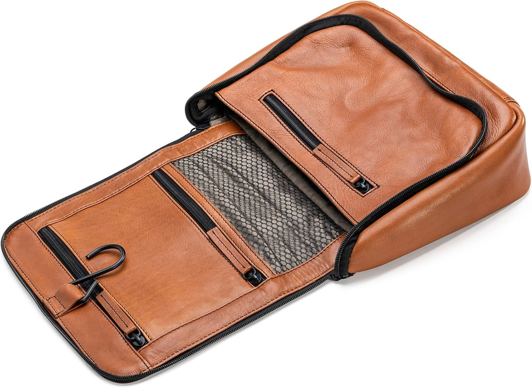 Memphis Damen/Herren Leder Kulturbeutel | grosse Kosmetiktasche mit Haken zum Aufhängen | viele Fäch