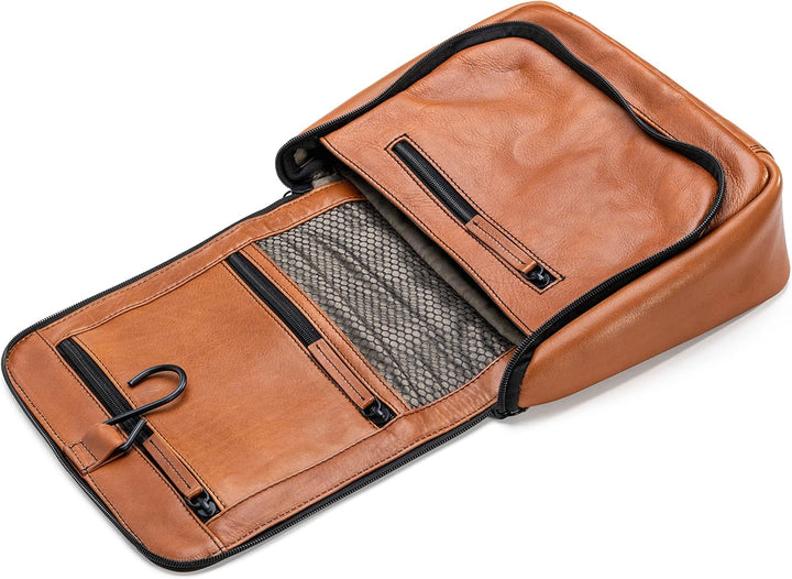 Memphis Damen/Herren Leder Kulturbeutel | grosse Kosmetiktasche mit Haken zum Aufhängen | viele Fäch