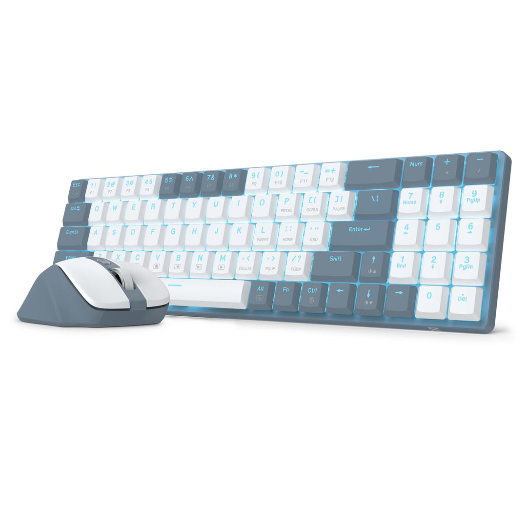 Redragon BS-8773 Tastatur & Maus, Blaue Beleuchtung, 2,4 GHz, rote Schalter, Grau-Weiss, Weiss