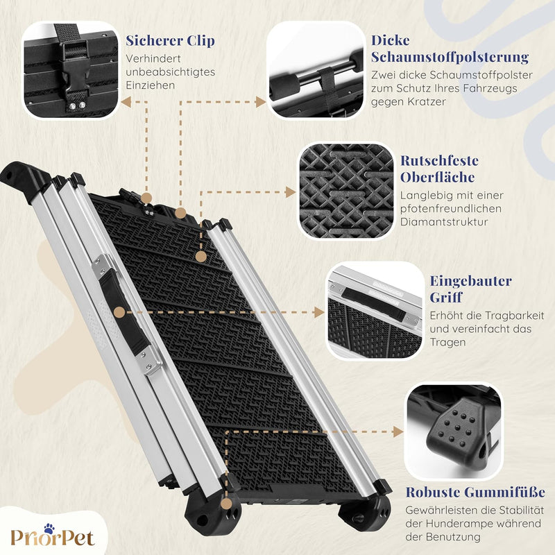 Hunderampe Auto Klappbar- Teleskop Alu Rampe für grosse Hunde - Stabile Hundetreppe Auto & SUV - rut