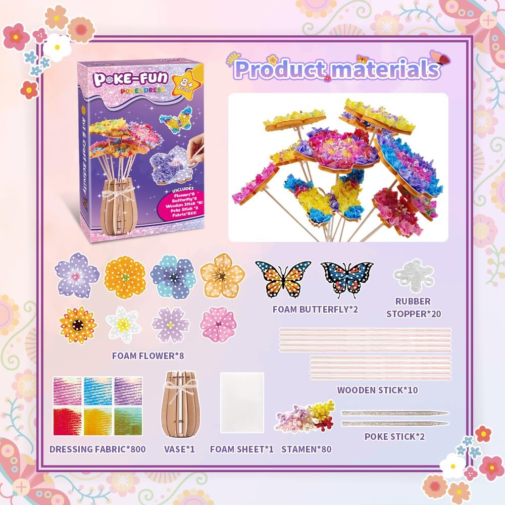 FORESTDREAM Blumen Poke Art Bastelset, DIY Blumenstrauss Basteln mit 8 Blumen und 2 Schmetterlingen,
