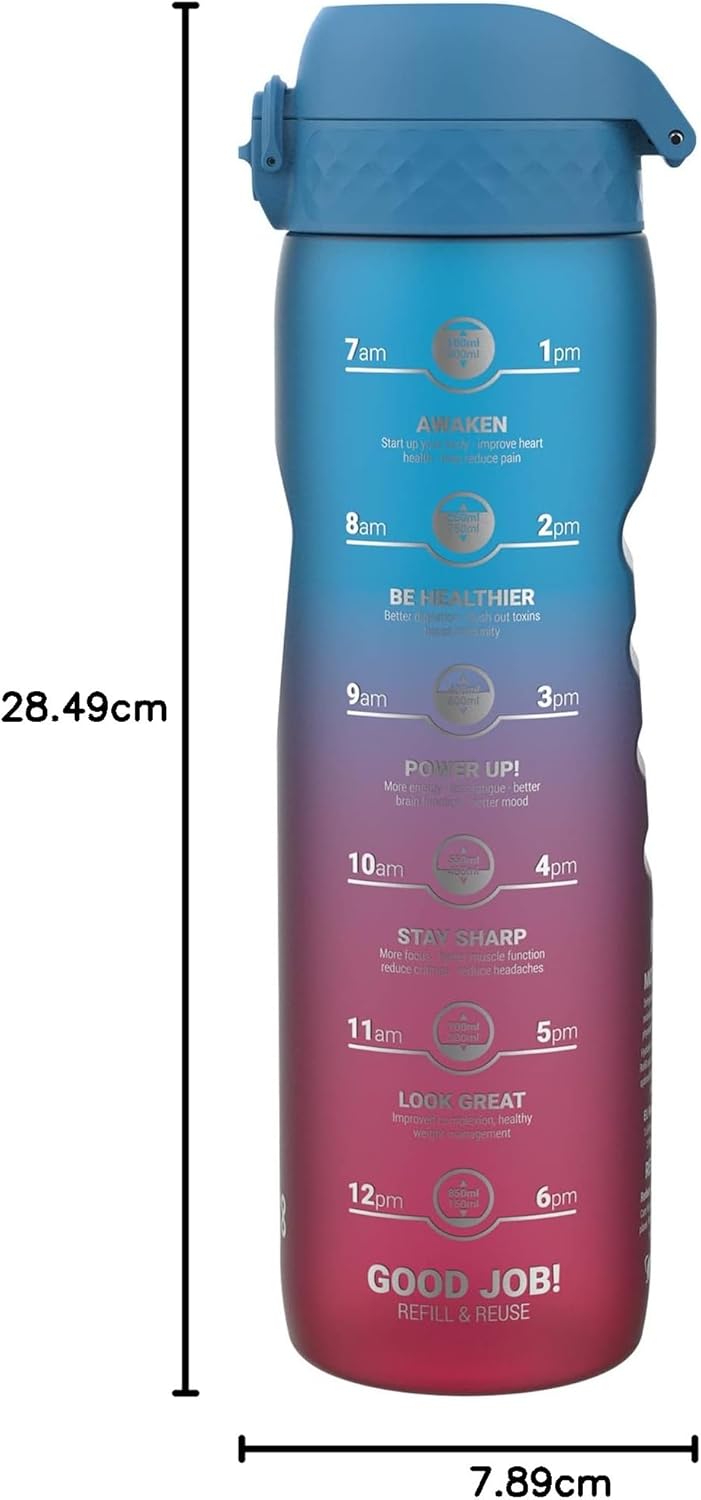 ion8 1 Liter Trinkflasche mit Zeitmarkierungen, Auslaufsicher, Einhandöffnung, Sichere Verriegelung,