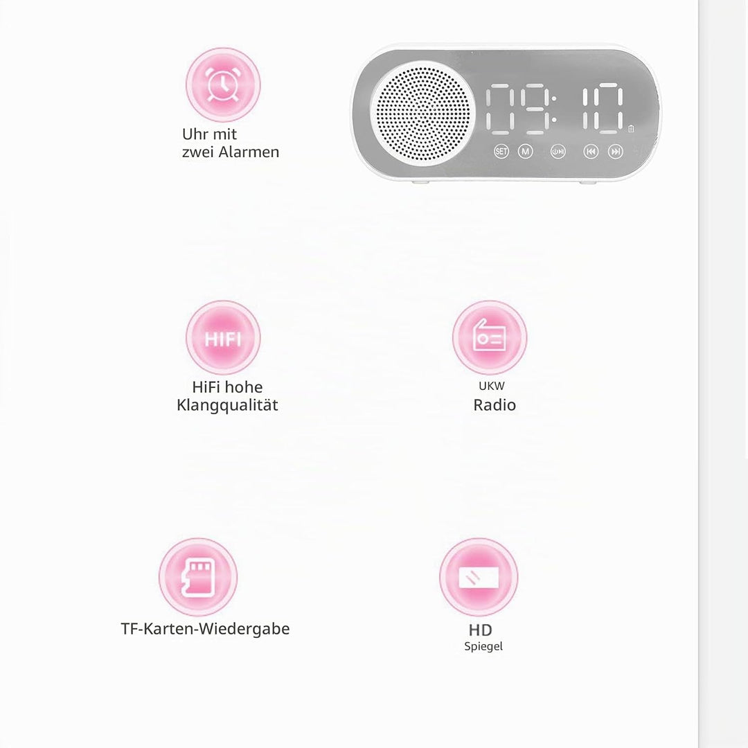 Digitaler Radiowecker, Lautsprecher-Spiegeluhr, HIFI-FM-Radio, Wiederaufladbare Bluetooth 5.0-Lautsp