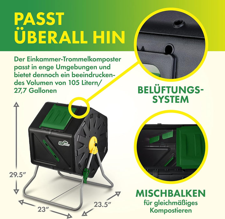 DF OMER Einkammer-Trommelkomposter für den Aussenbereich, Grosses Volumen, Kompaktes Design, 105 Lit