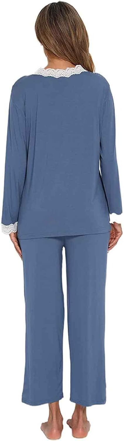 Jecarden Damen Schlafanzug mit Spitze Lang - Damen Pyjama Set Winter Langärmelig Nachtwäsche Zweitei