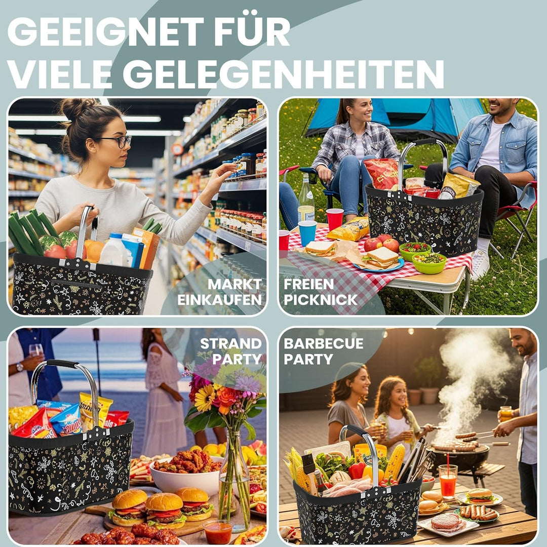 30L Stabiler Einkaufskorb Faltbar mit Stützstäben, Grosser Tragekorb für Weihnachten, Reisen & Pickn