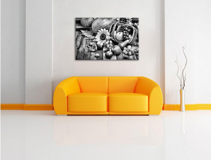 Pixxprint Monocrome, Herbstlicher Obstkorb, Format: 100x70 auf Leinwand, 100x70
