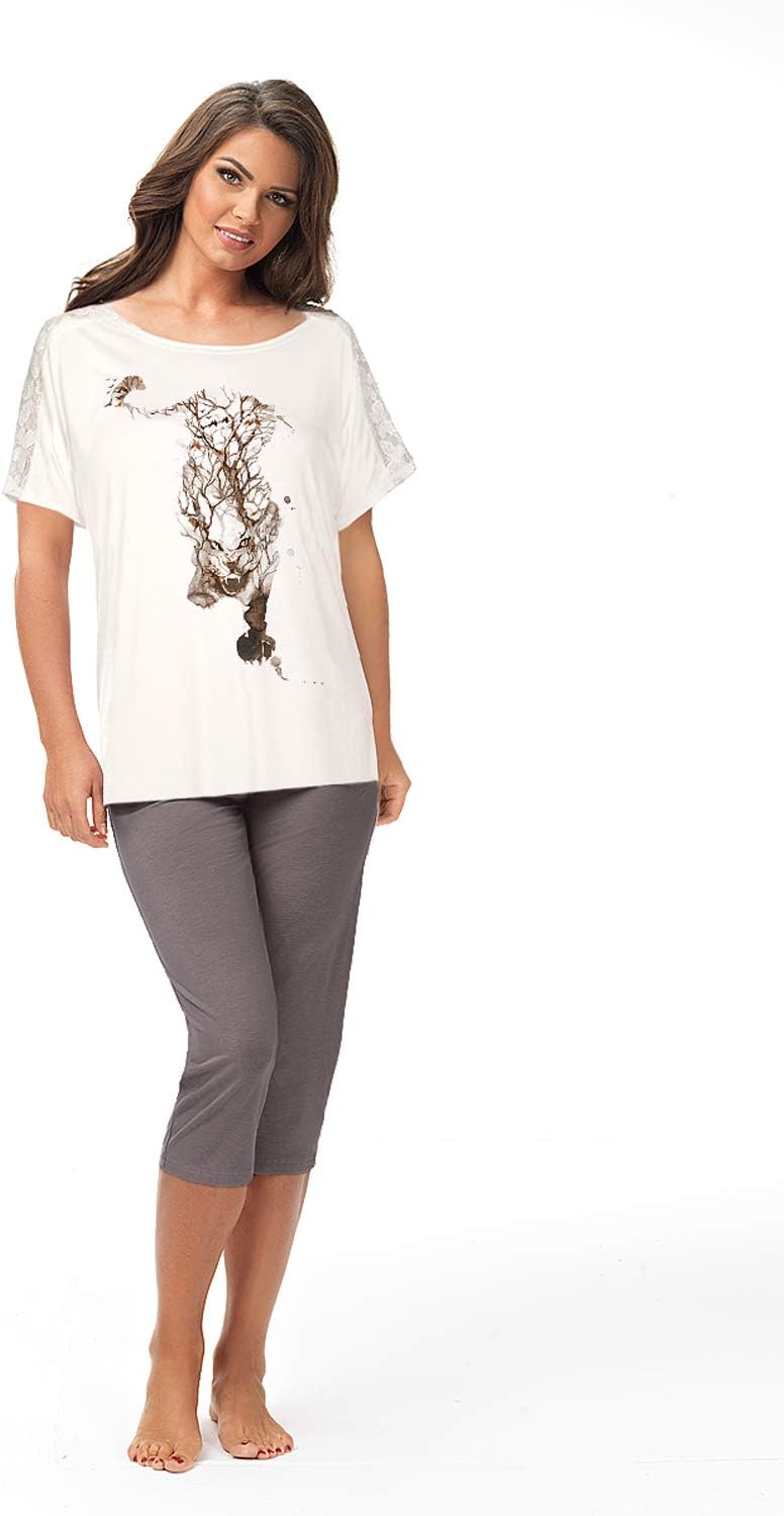 e.Femme® Damen Schlafanzug Susan 798 aus Viskose, mit Tiger- Aufdruck 38 Ecru/ Druck Taupe, 38 Ecru/