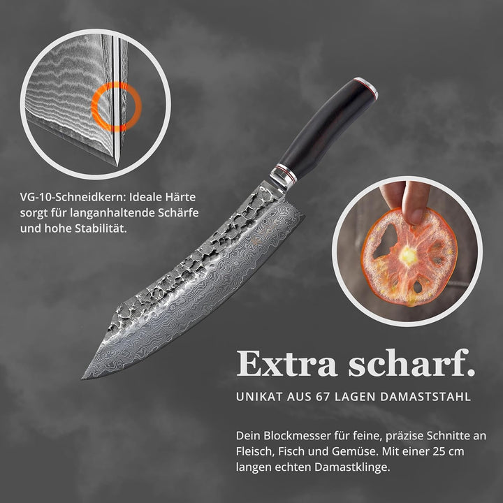 Wakoli EBO Damastmesser Blockmesser 25 cm Klinge scharfes Küchenmesser aus 67 Lagen Damaststahl mit