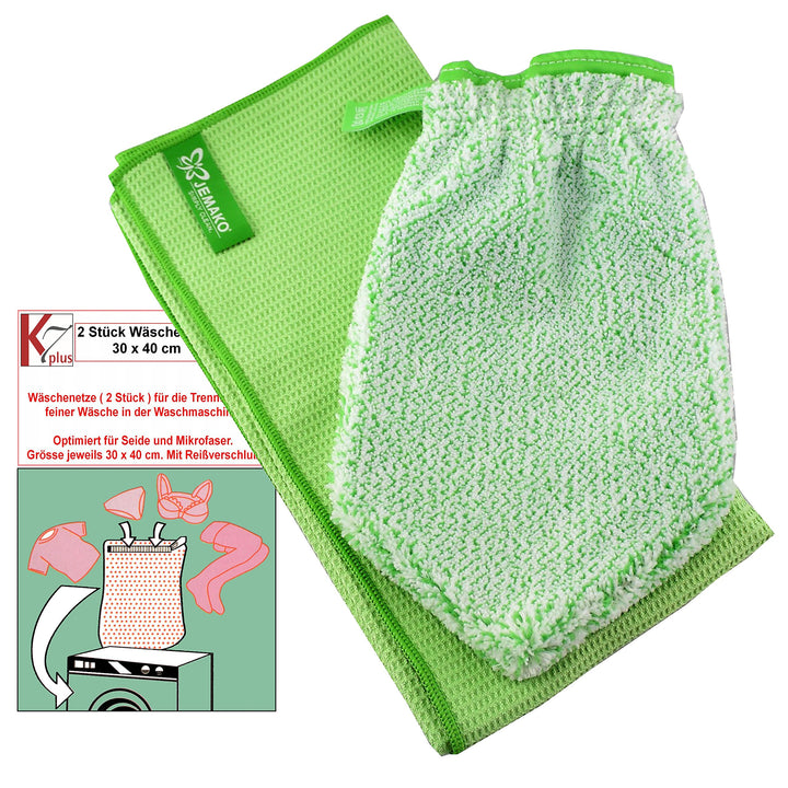 Jemako® Set grün Handschuh + Trockentuch 40 x 45 cm Fenster/Haushalt/Glas Plus 2 Stück K7plus® Wäsch