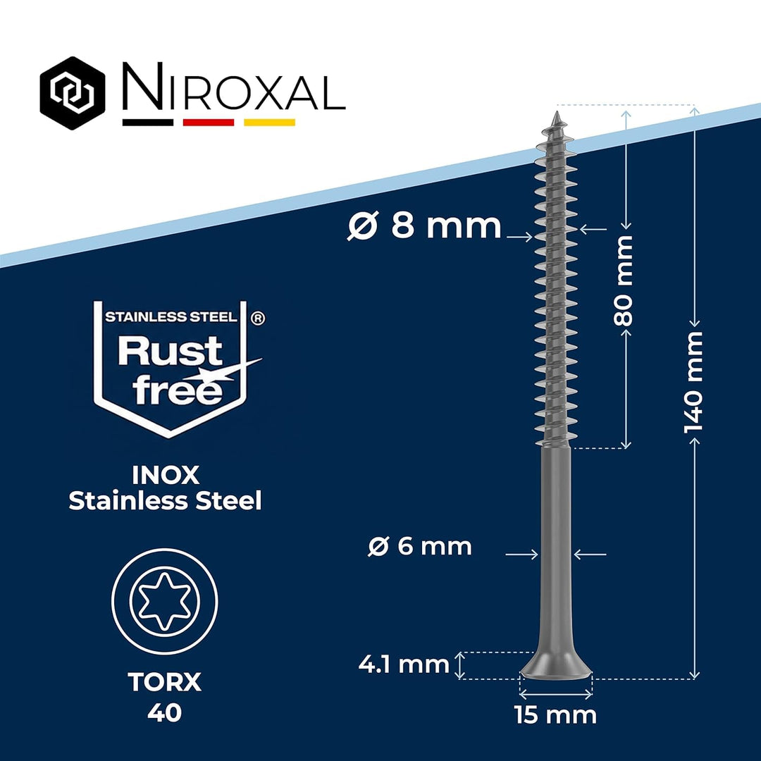 Edelstahlschrauben Torx Holzschrauben 8x140 Edelstahl V2A rostfrei Spanplattenschrauben für Holz Tei