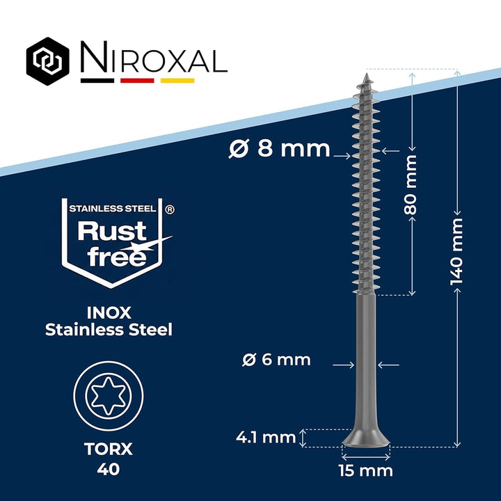 Edelstahlschrauben Torx Holzschrauben 8x140 Edelstahl V2A rostfrei Spanplattenschrauben für Holz Tei