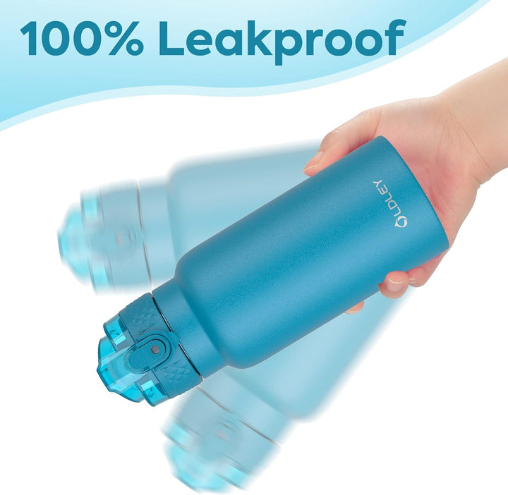 OLDLEY 500ml Kinder Edelstahl Wasserflasche mit Stroh für Schule mit 2 verschiedenen Deckeln, Metall