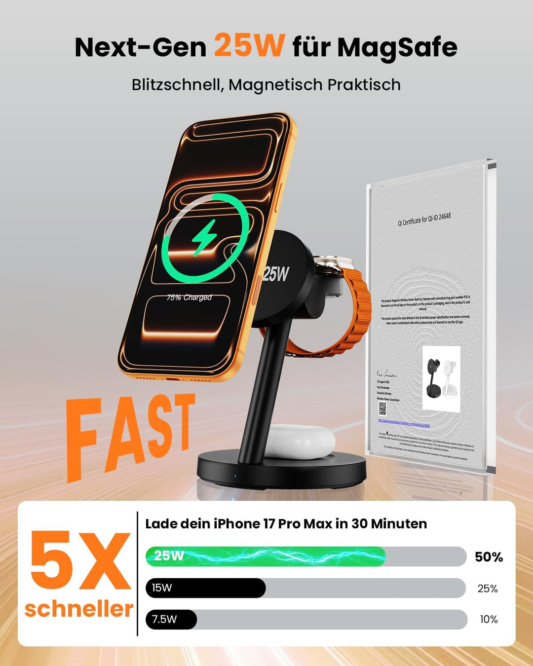 JoyGeek 25 W 3-in-1 Ladestation für iPhone 17/16/15 – Magnetisches Ladegerät für Apple Watch, Samsun