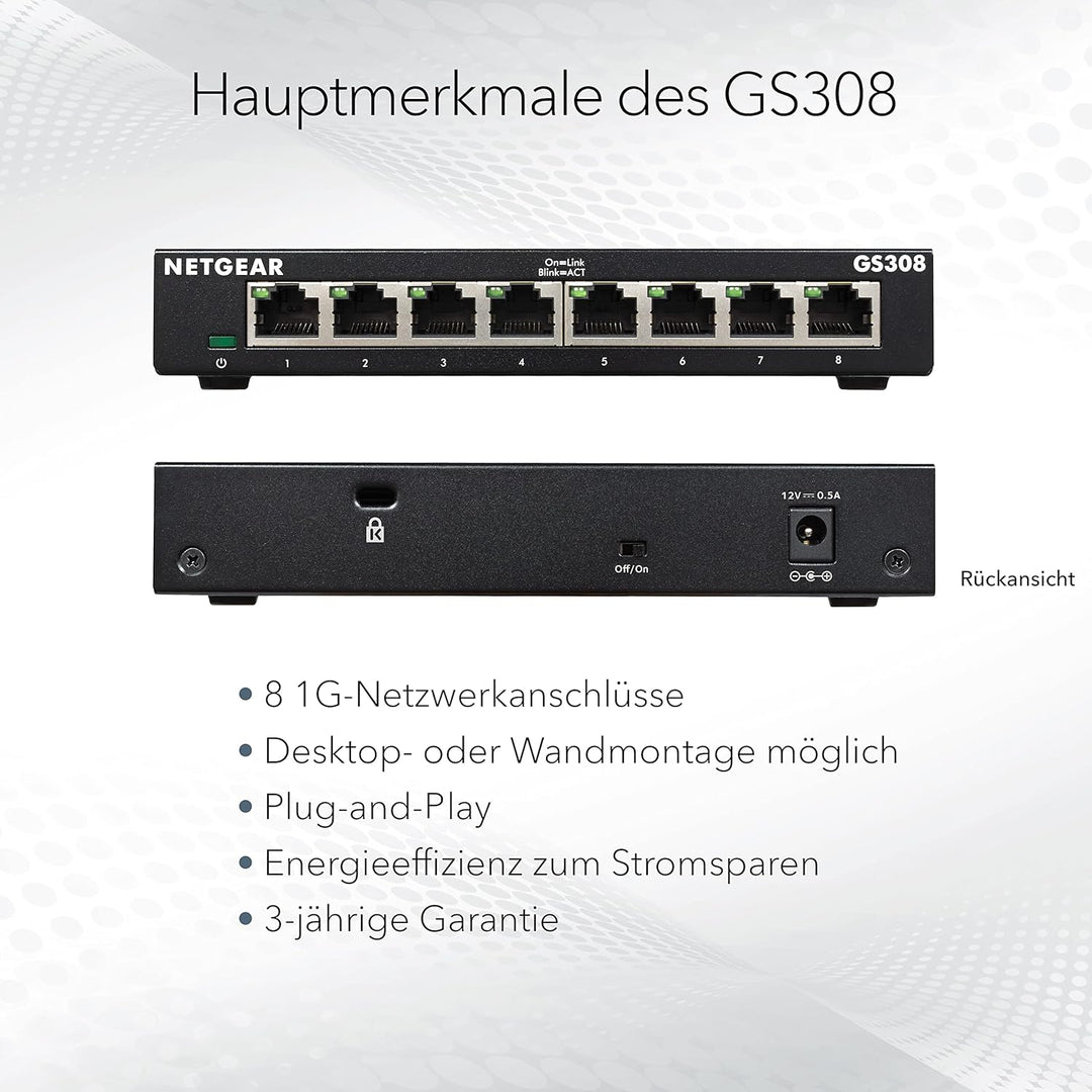 NETGEAR GS308 LAN Switch 8 Port Netzwerk Switch (Plug-and-Play Gigabit Switch LAN Splitter, LAN Vert