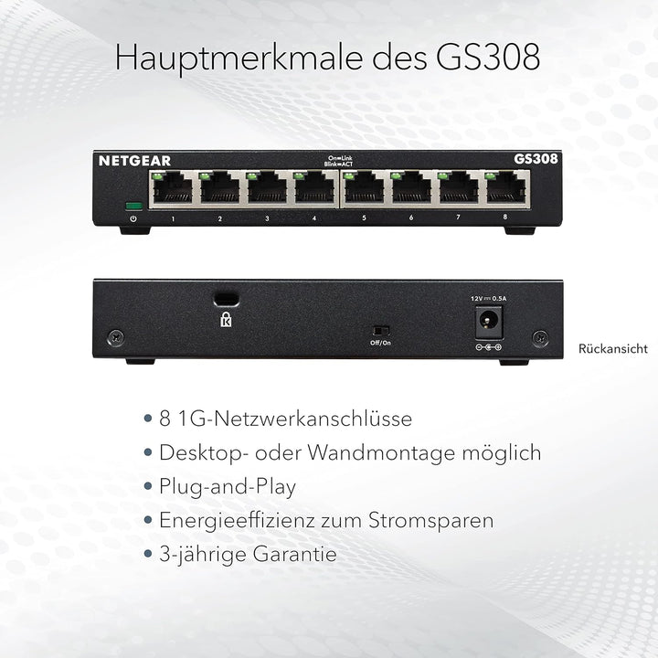 NETGEAR GS308 LAN Switch 8 Port Netzwerk Switch (Plug-and-Play Gigabit Switch LAN Splitter, LAN Vert