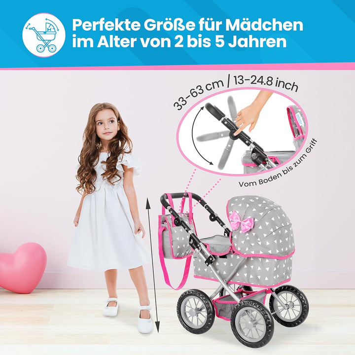 Kinderplay Puppenwagen ab 2 Jahre, Puppenbuggy ab 2 Jahre - Leichte und Stabile Konstruktion, Höhenv