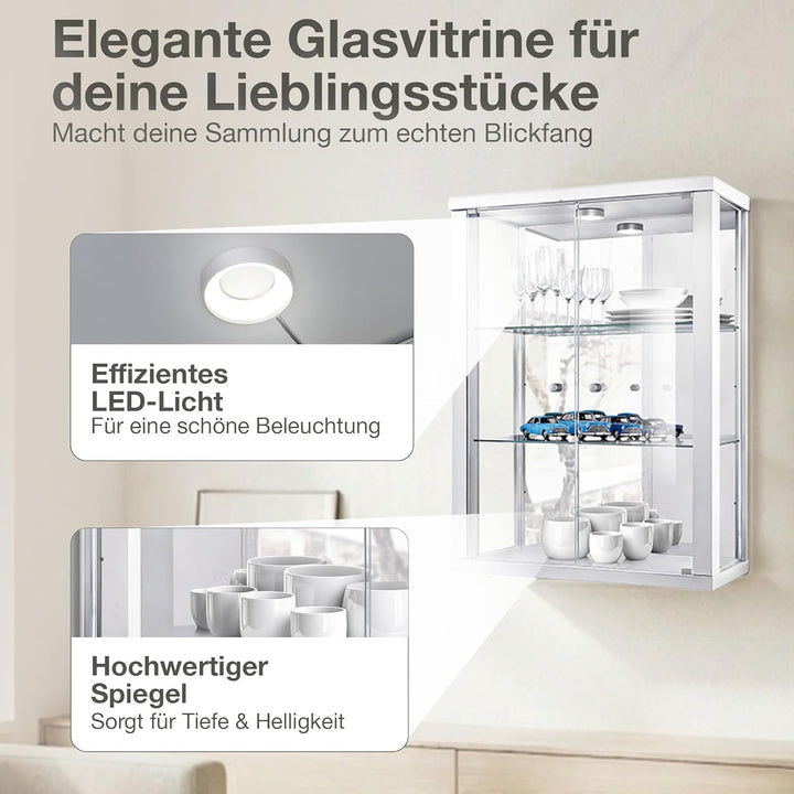 K-Möbel Hängevitrine in Weiss (80x60x25 cm) mit 2 höhenverstellbaren Glasböden, Spiegel & LED - Mode