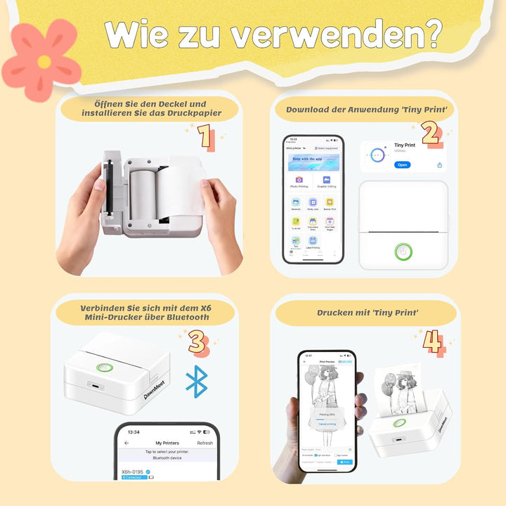 Mini Drucker für Smartphone X6, Bluetooth Thermodrucker Handy Drucker Etikettendrucker Fotodrucker 1