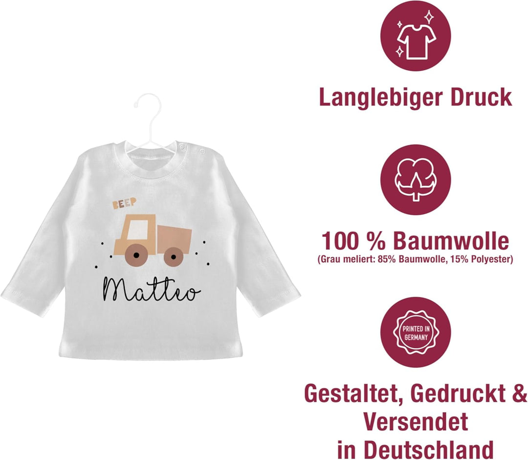 Baby Langarmshirt - Bagger - Süsses Baustellenfahrzeug I Baustelle Kipper I LKW 1 Weiss 6-12 Monate,