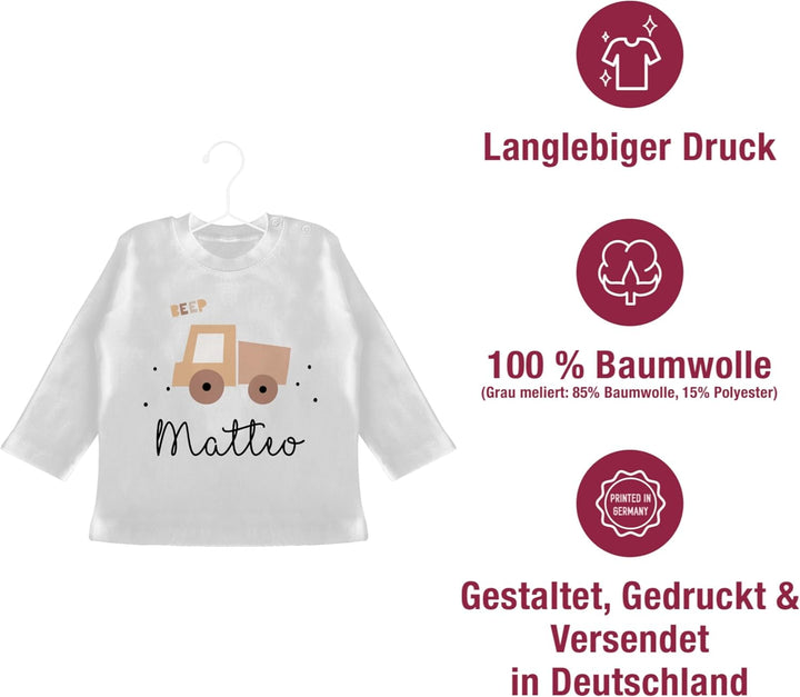 Baby Langarmshirt - Bagger - Süsses Baustellenfahrzeug I Baustelle Kipper I LKW 1 Weiss 6-12 Monate,