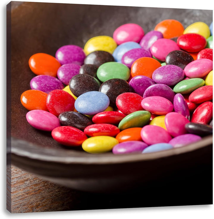 Pixxprint Bunte Schokolinsen in Schale, Format: 70x70 auf Leinwand, 70x70