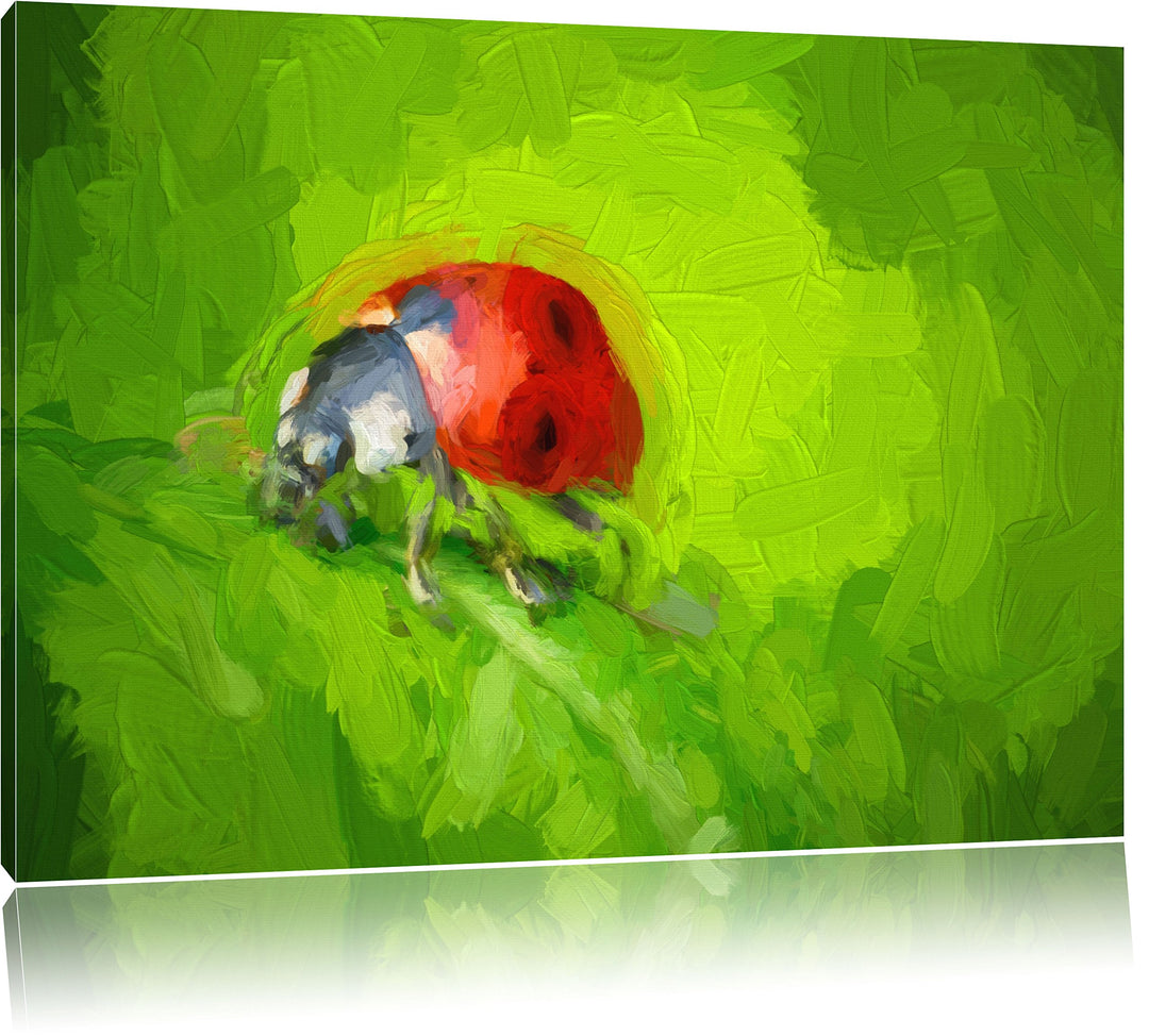 Pixxprint Kleiner Marienkäfer auf Blatt als Leinwandbild/Grösse: 100x70 / Wandbild/Kunstdruck/fertig