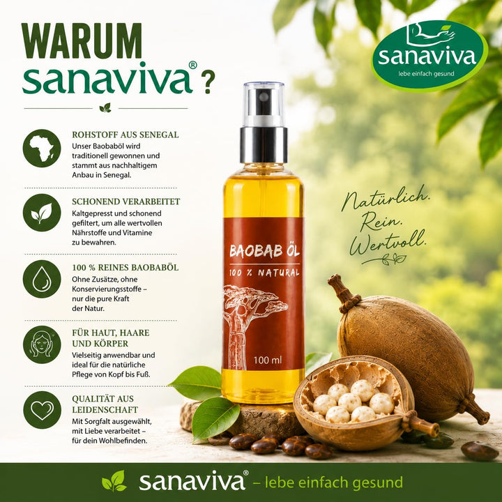 sanaviva® Baobaböl Kaltgepresst (100ml) Baobab-Oil Bio Rein &amp; Natürlich 100% Vegan Premium Baobab Öl