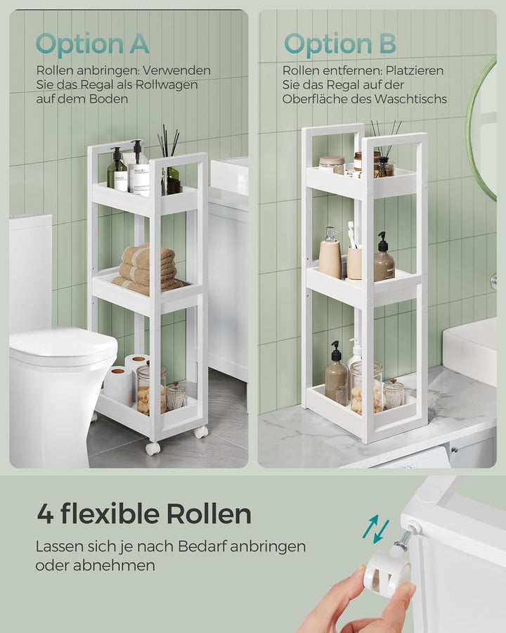 SONGMICS Rollwagen, Badregal, Badezimmerregal mit 3 Ebenen, Nischenregal Bambus, Regal schmal, Nisch